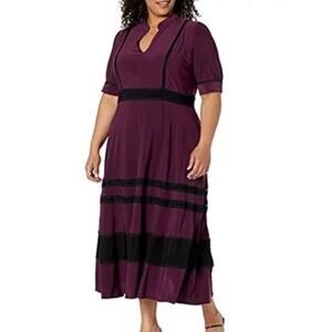 Taylor Purple Midi Dress Modest Elbow Short Sleeve 14 NWT Plum V-Neck Lace